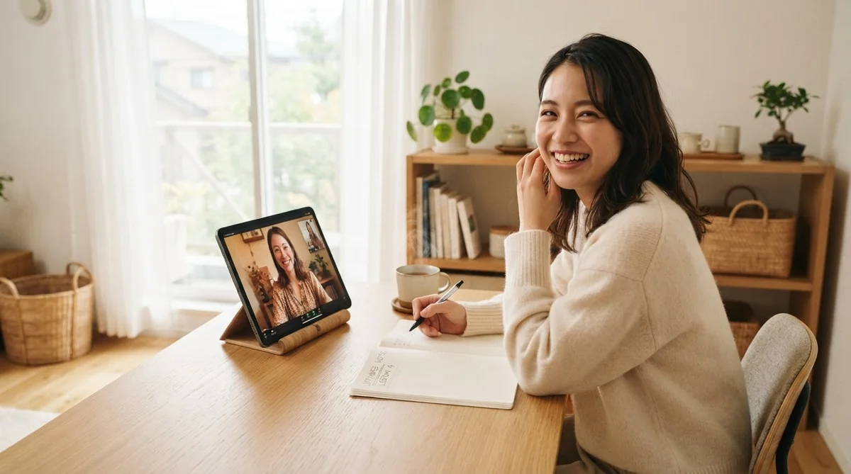 オンラインでプロ講師と楽しく会話練習をする学習者の姿