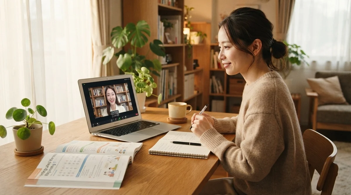 デスクでノートやオンラインレッスンを活用して韓国語を学習する人の様子