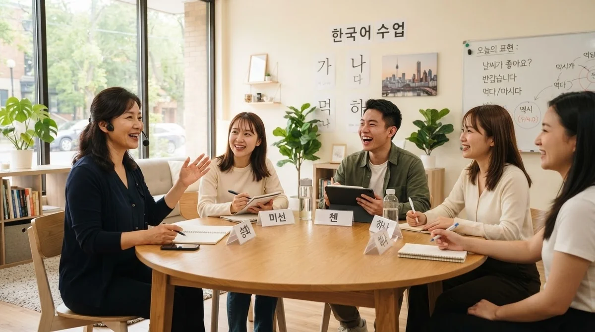 語学教室で韓国語会話レッスンを受ける受講生たち