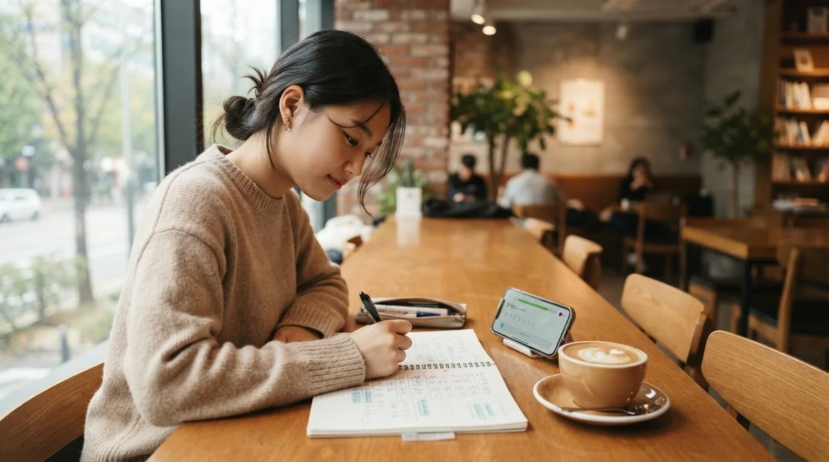 カフェの静かなスペースでノートを開き韓国語を復習する学習者の姿