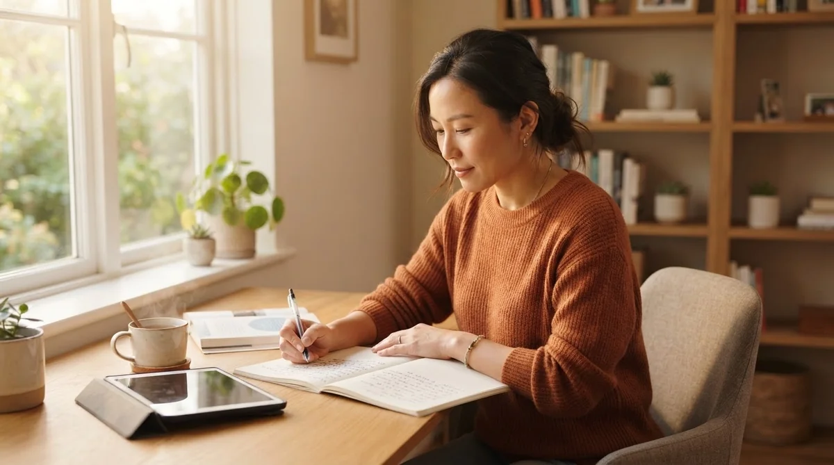 ノートとテキストを開いて語学学習に取り組む様子