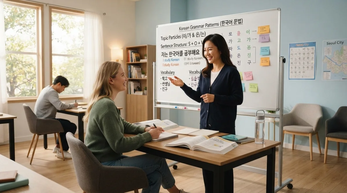 講師から韓国語の親身なレッスンを受ける成人学習者