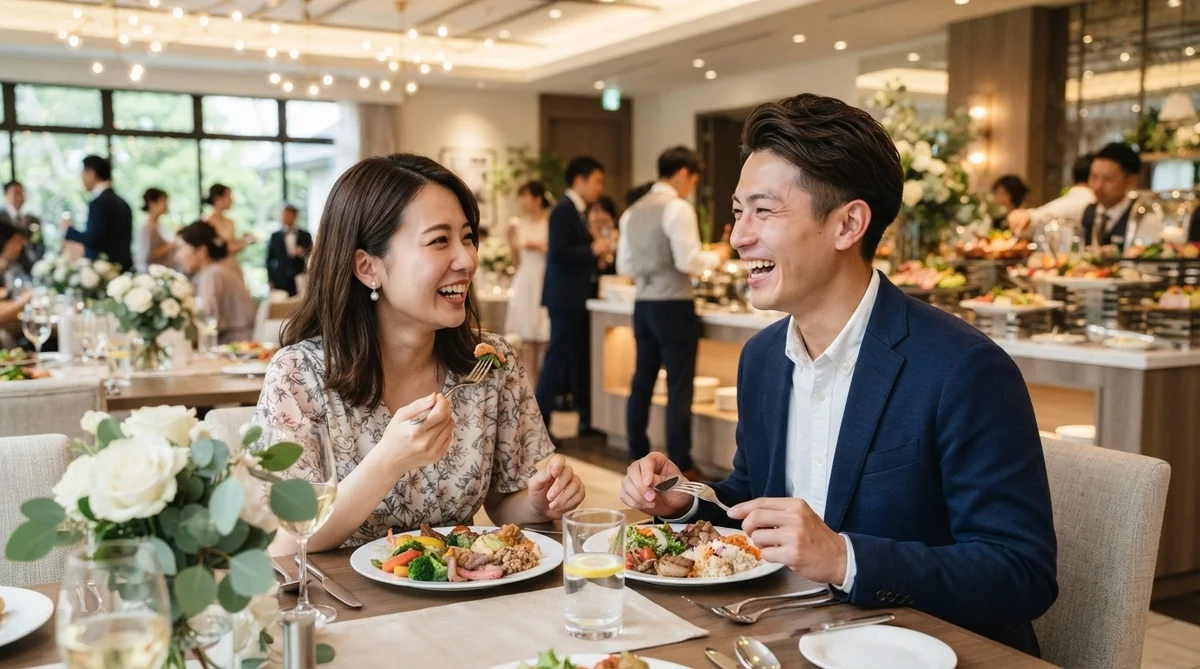 韓国の結婚式のビュッフェ会場で楽しそうに会話しながら食事をする男女の参列者