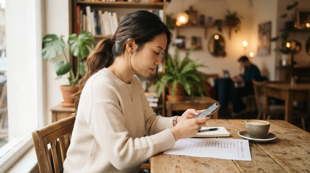 カフェでチェックリストやスマホを確認しながら計画を立てる女性