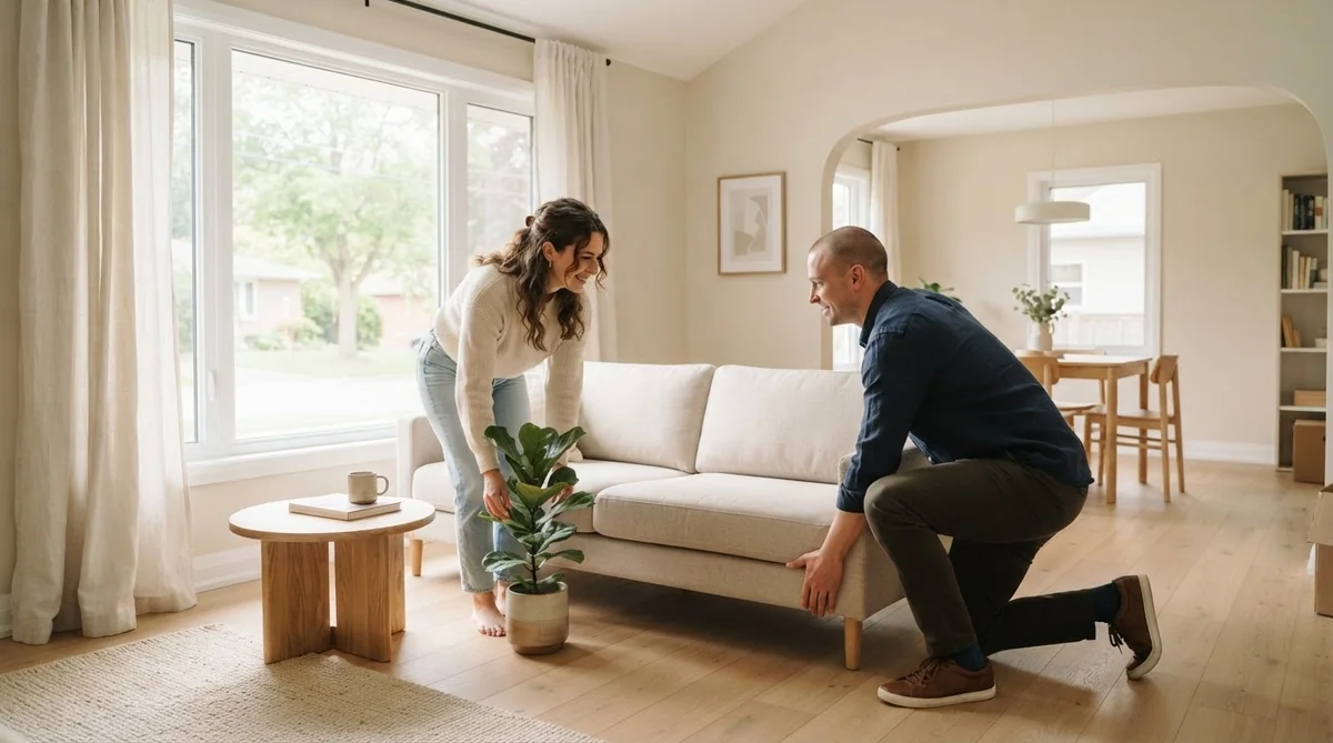 明るい部屋で新生活の空間を整えながら将来について語り合う新婚カップル