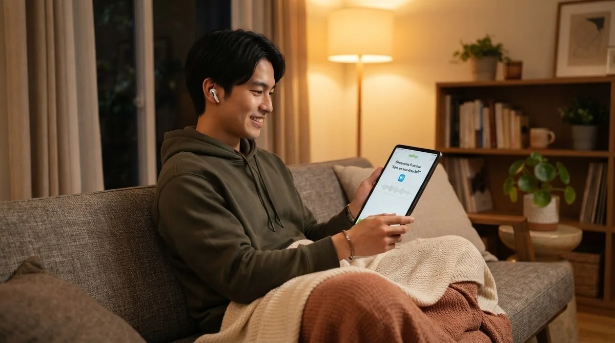 ワイヤレスイヤホンをつけ、自宅のソファでタブレットを見ながらシャドーイング練習をする20代の日本人男性