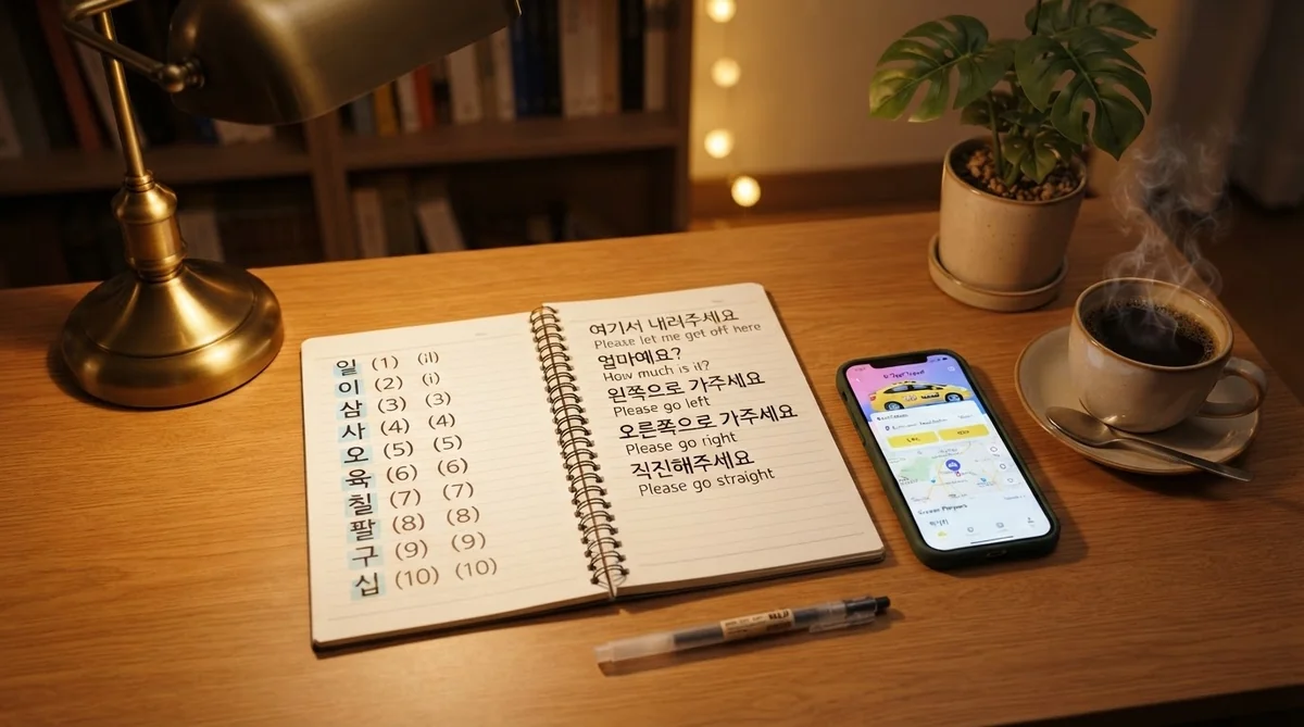 デスクの上に韓国語の単語帳や旅行ノート、スマートフォンを置いて復習する学習風景