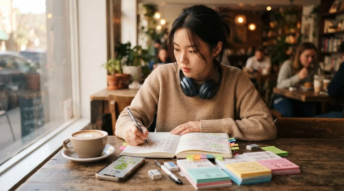 カフェのテーブルでノートを使い韓国語学習を進める人の様子
