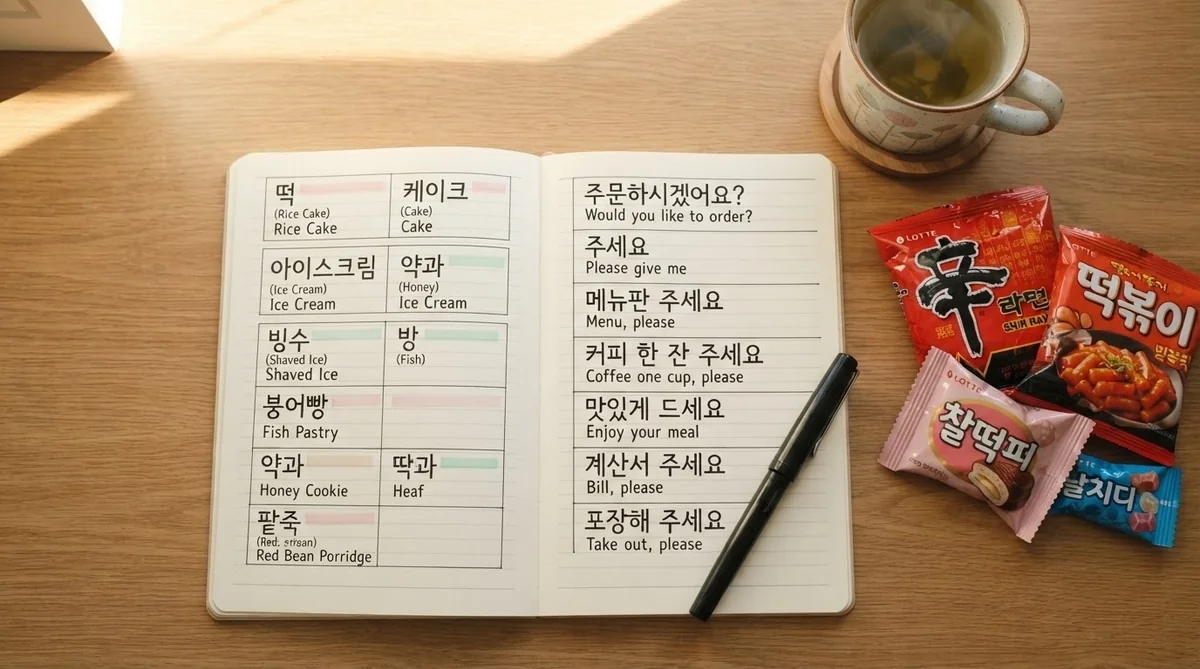 ノートに韓国スイーツに関する単語やフレーズを手書きして学習する様子