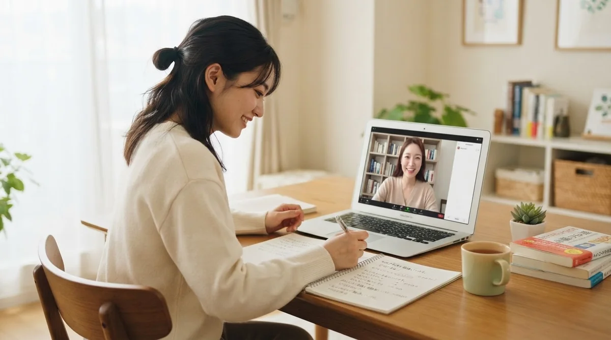 パソコンを通してネイティブ講師と笑顔で会話練習をしている明るいオンライン語学レッスンの様子