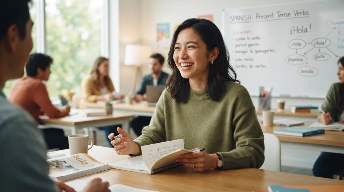 語学教室の明るい環境で対面レッスンを受けている学習者