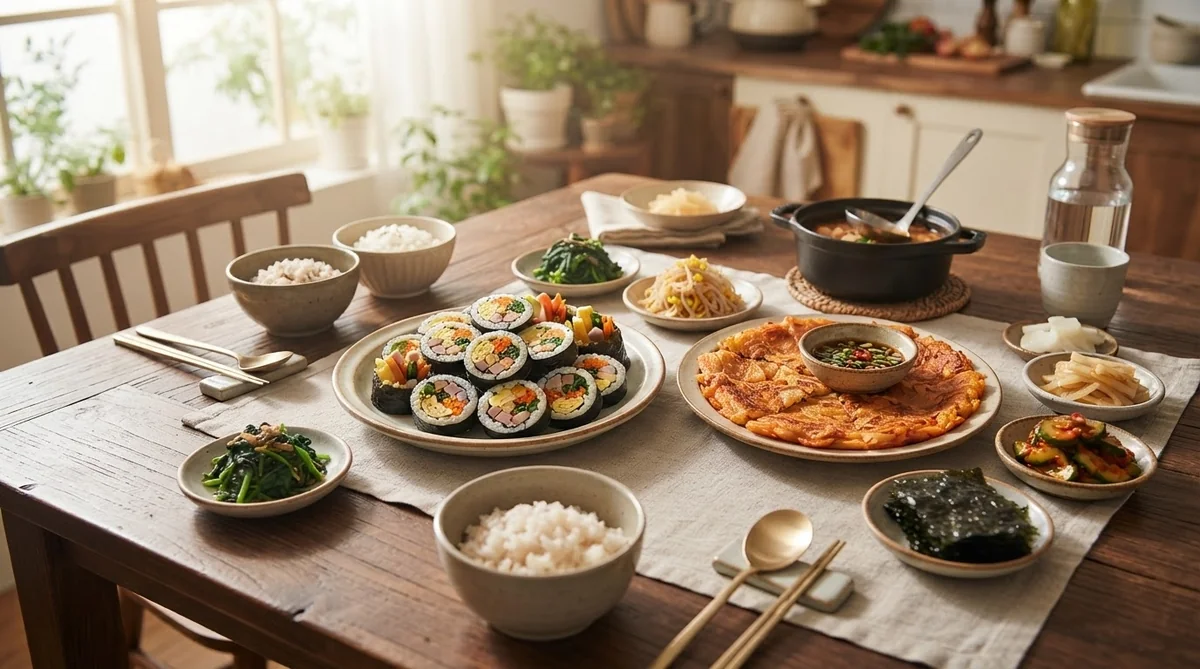 キンパやチヂミ、ナムルなどが豊かに盛り付けられた手作りの韓国料理の食卓