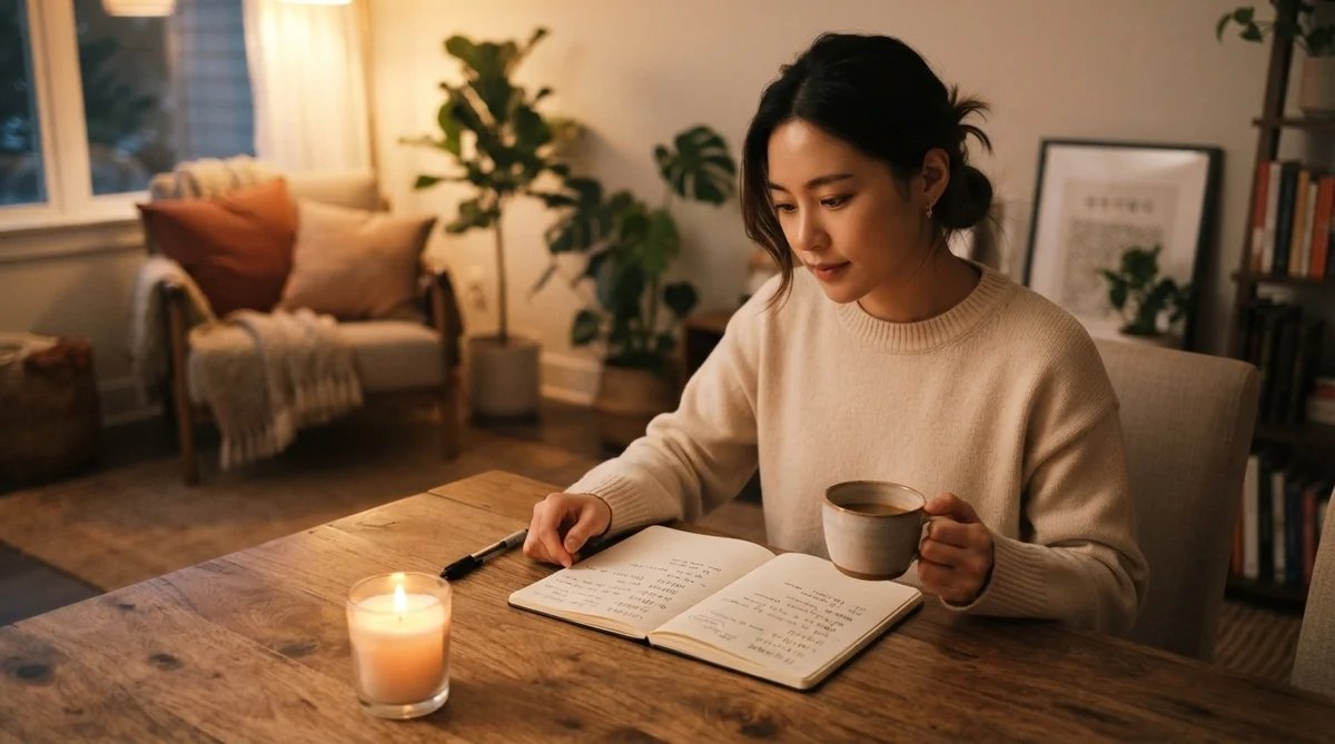 ノートに向かって落ち着いた空間で韓国語を勉強する学習者
