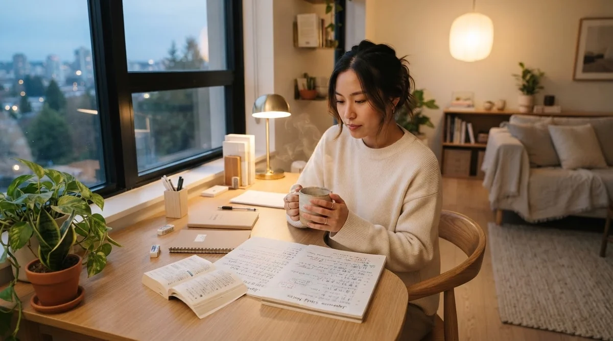 自宅で自分のペースを守りながら快適に語学学習を進める様子