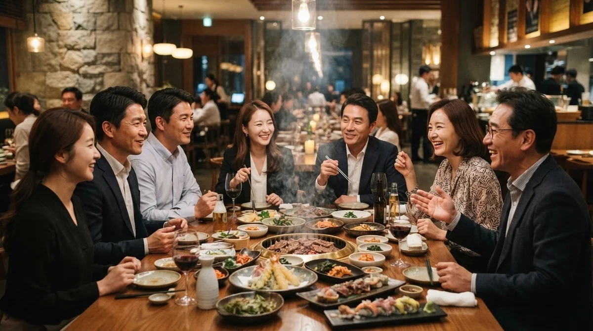 和やかに会話を楽しむ企業会食の風景