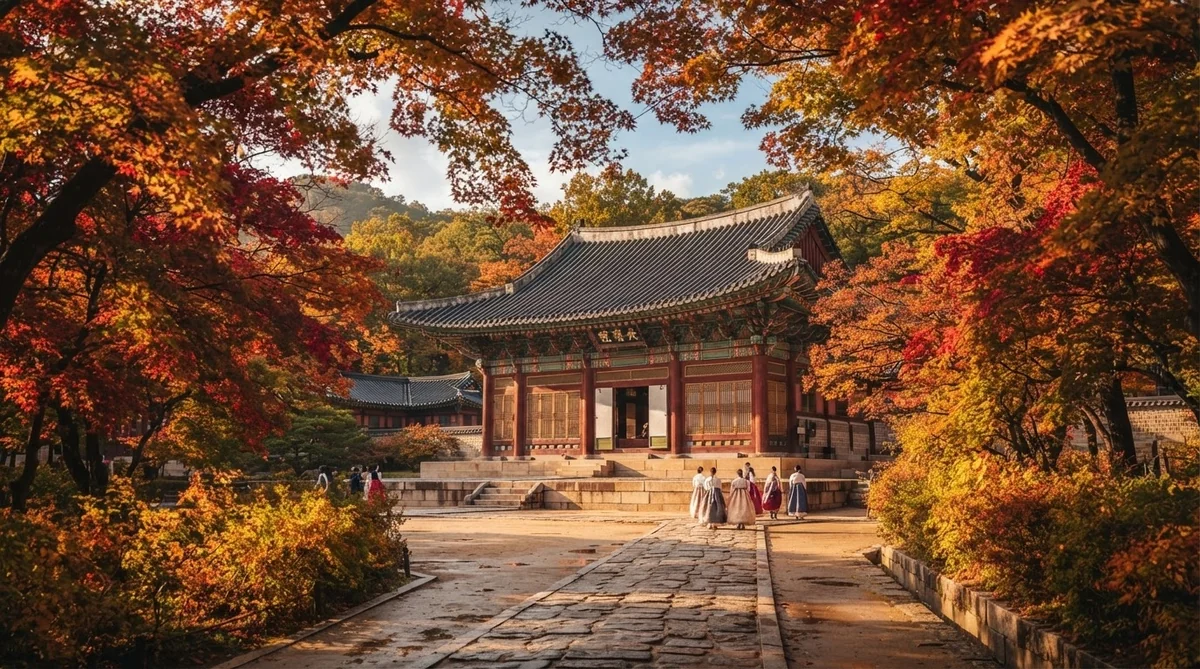 ソウルの昌徳宮の紅葉に包まれた美しい景観