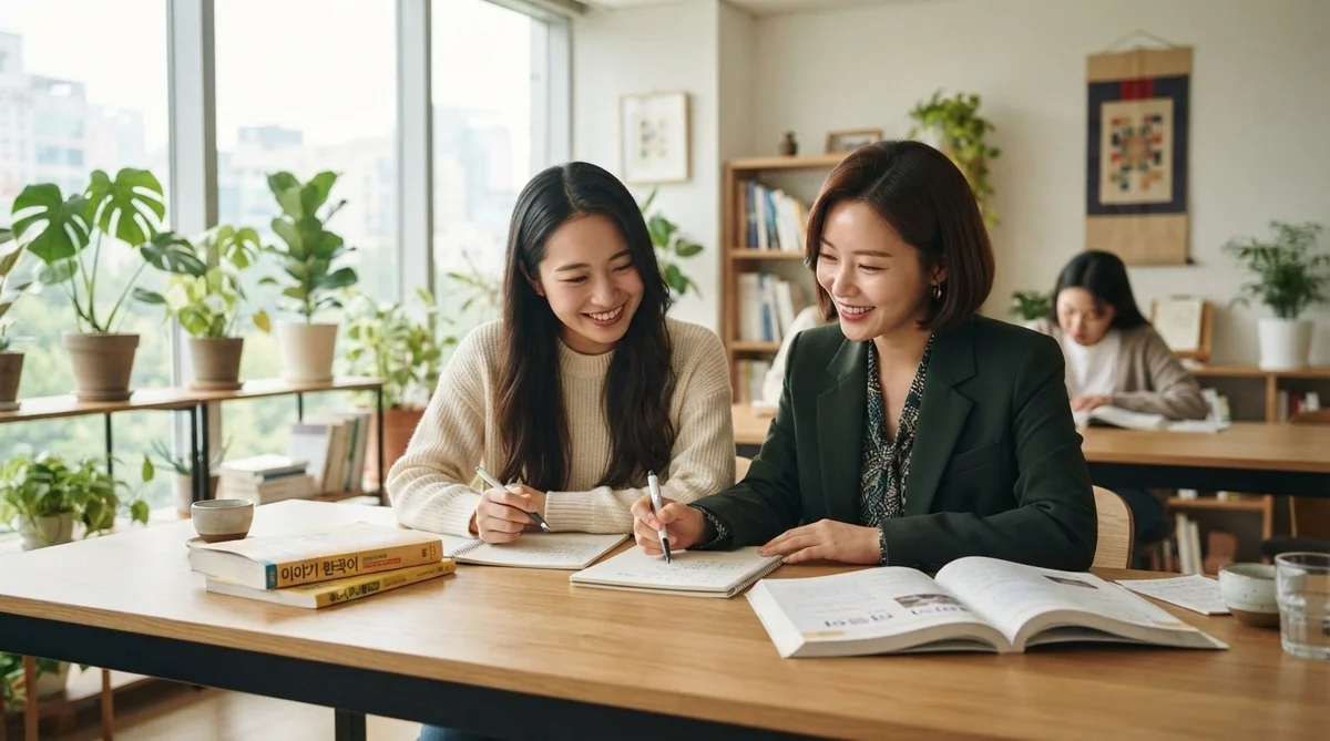 講師と明るく会話練習を行う受講生の様子