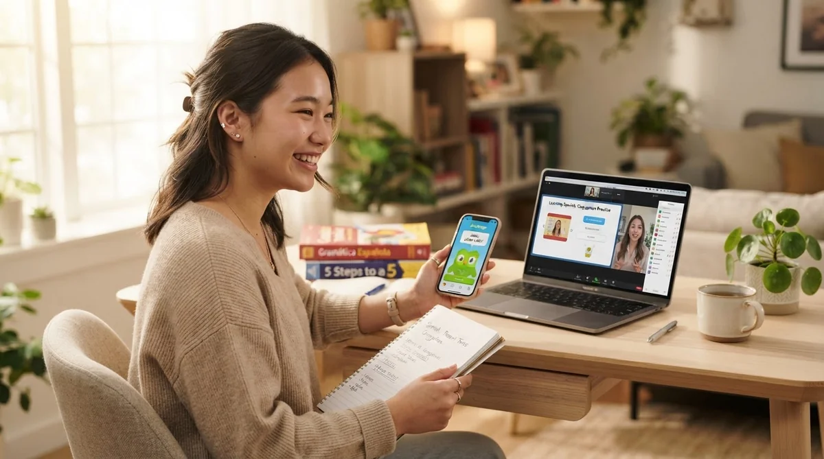 スマートフォンの画面を見ながらオンラインの韓国語レッスンをリラックスして受講する女性