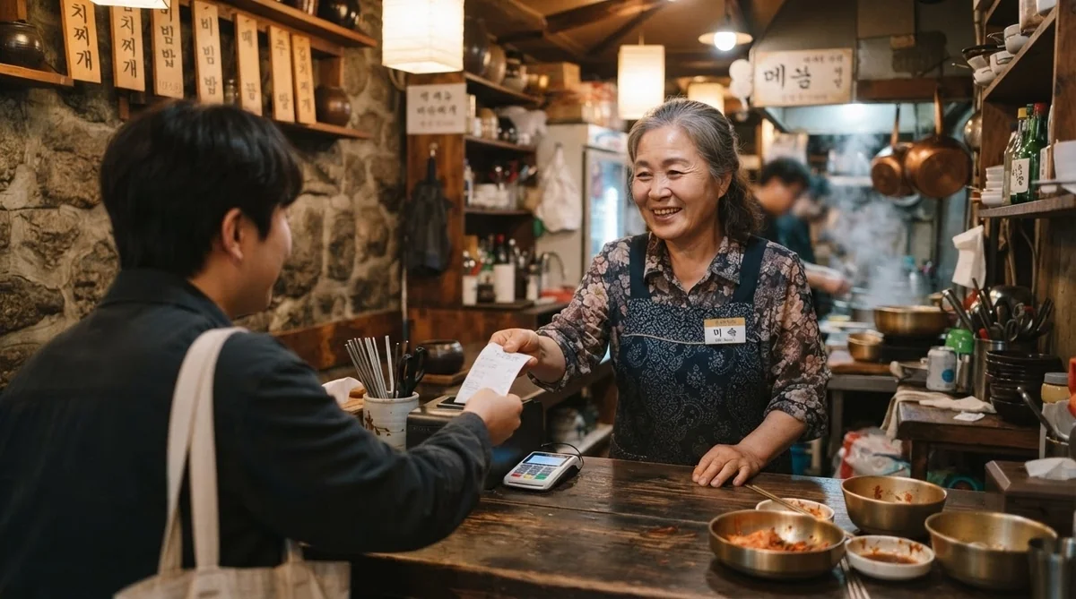 レジカウンターでレシートを受け取り笑顔で挨拶をする様子