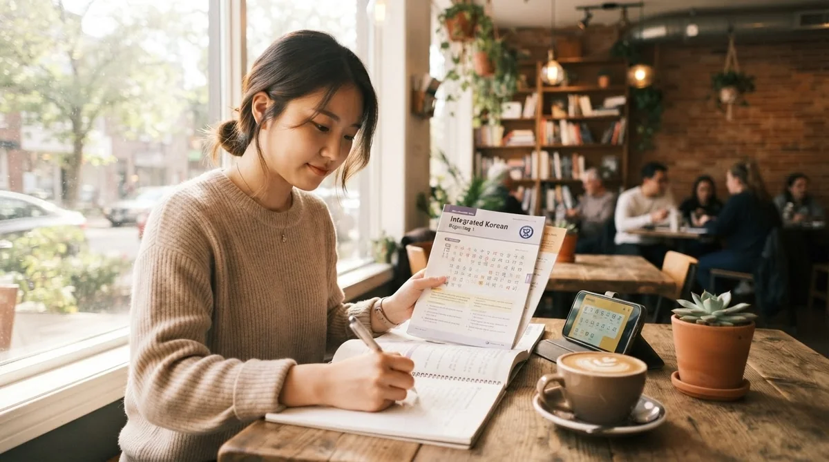 カフェでテキストを開いて学習を進める人