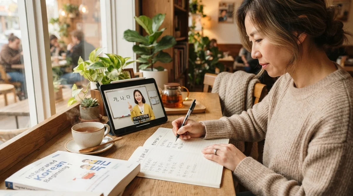 ノートや教材、タブレットを使った韓国語の学習風景