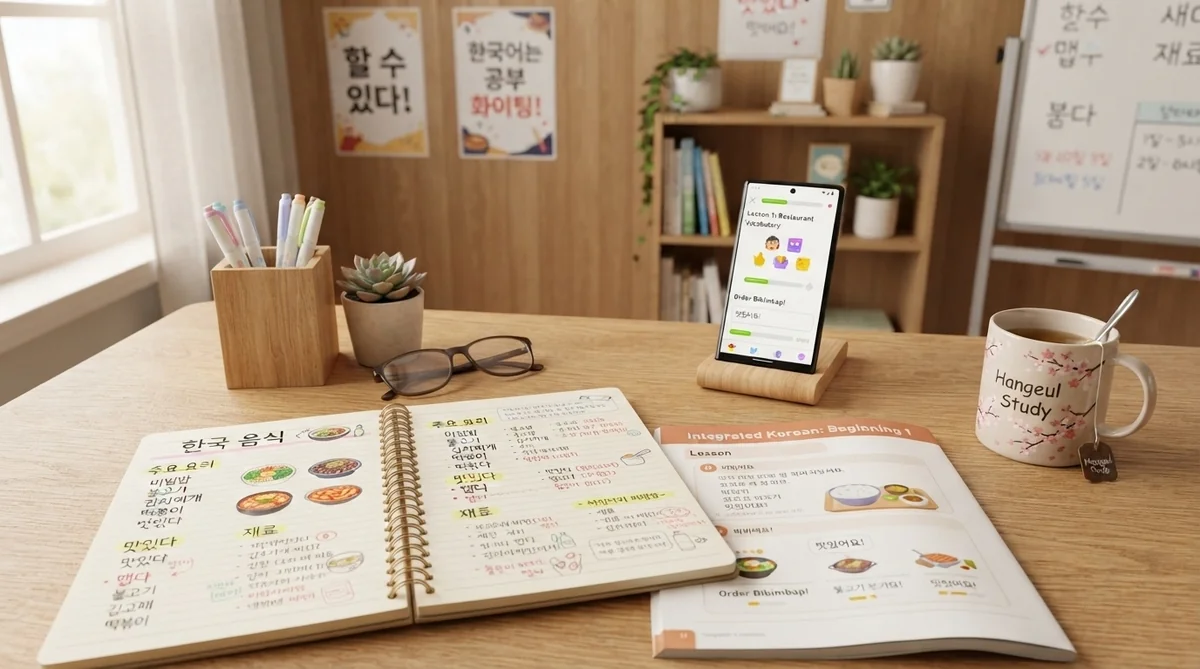 韓国語のテキストとノートで学習する風景
