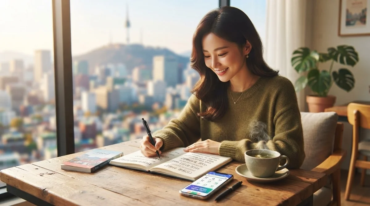 韓国語の学習ノートとカフェでの勉強風景