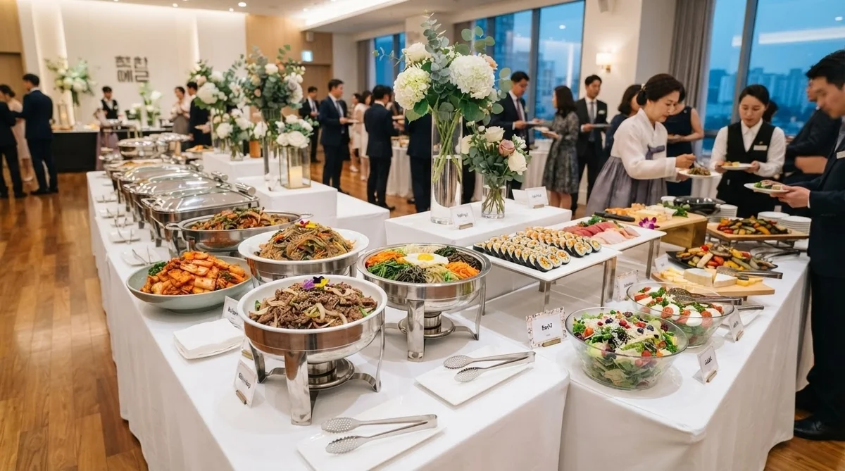 韓国の結婚式場で提供される華やかなビュッフェ料理の様子