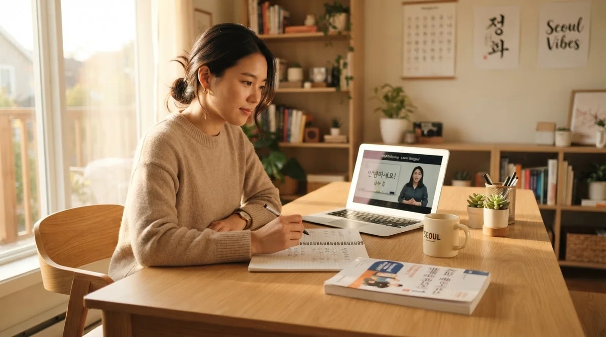 デスクで整然と書かれたノートを見ながら韓国語を勉強する学習者