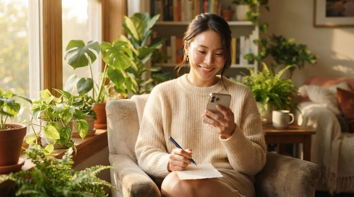 ノートとスマートフォンを手にして笑顔で学習を前進させている東アジア人女性