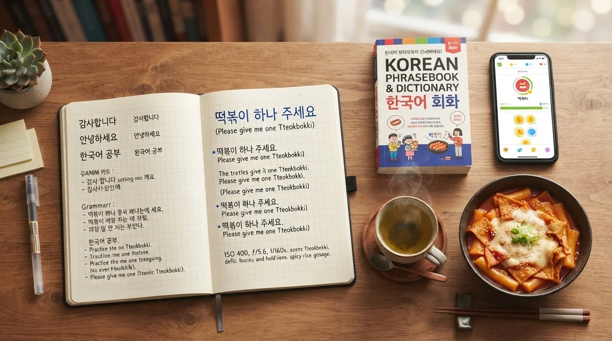 韓国語のノートやフレーズ集とトッポッキが並ぶ学習デスク