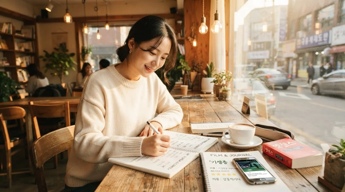 カフェでノートや学習計画表を開きながら映画で聞いた表現を復習する様子