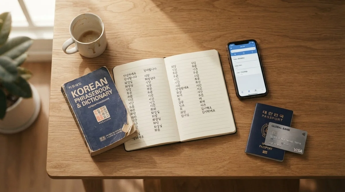木製のテーブルの上に、コーヒーマグ、韓国語の会話集、韓国語が書かれた開いたノート、スマートフォン、韓国のパスポート、そしてVisaのクレジットカードが置かれている。.
