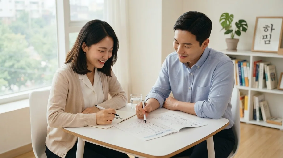 明るい教室で語学講師と笑顔で対面レッスンを受ける生徒