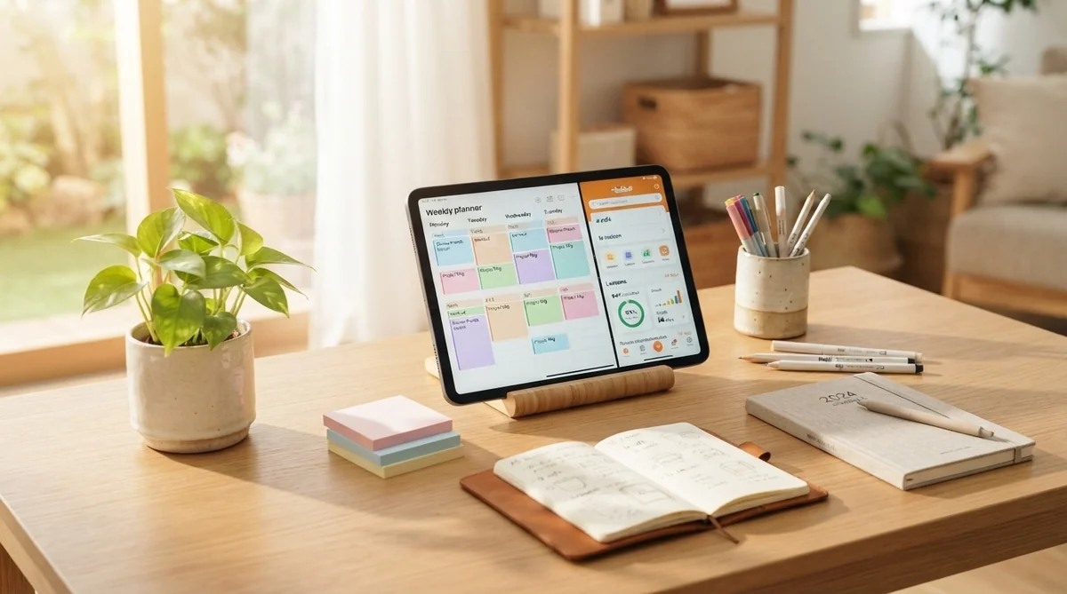 整然と整えられたデスクで学習アプリを開いているタブレット