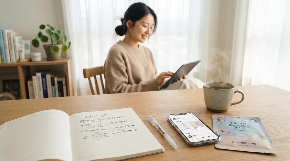 韓国語の学習ノートとシートマスクが置かれたデスク