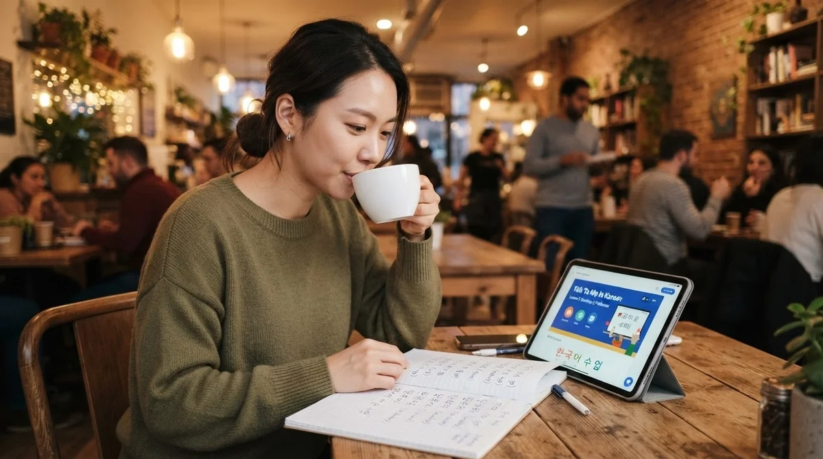 カフェでタブレットやノートを広げてリラックスしながら韓国語を勉強する様子