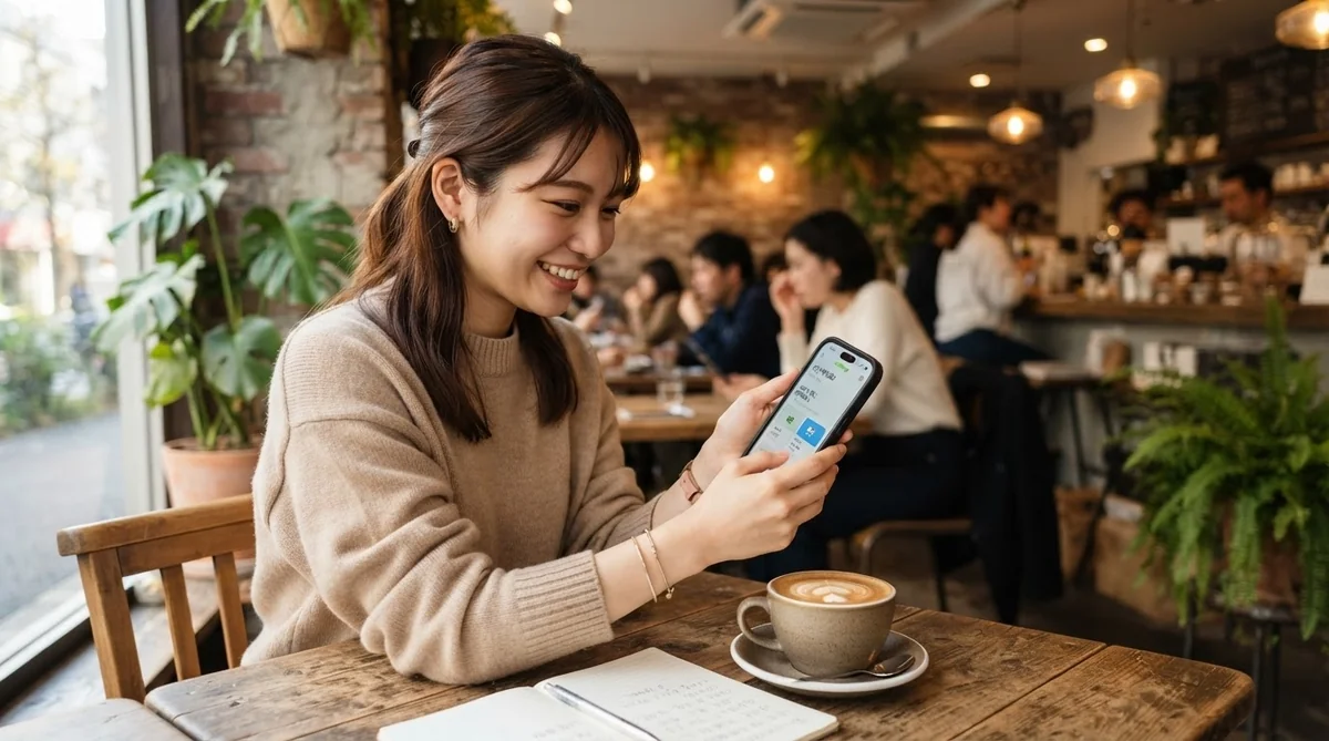 カフェでリラックスしながらスマートフォンで韓国語を学習する人物
