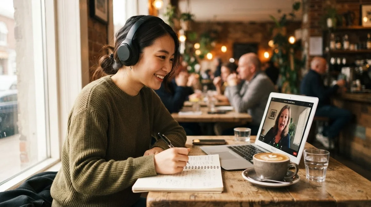 カフェでオンライン韓国語レッスンを受けて微笑む女性学習者