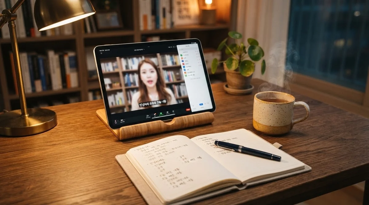 落ち着いた夜の部屋で手書きの韓国語ノートとタブレットで勉強する個人の学習デスク