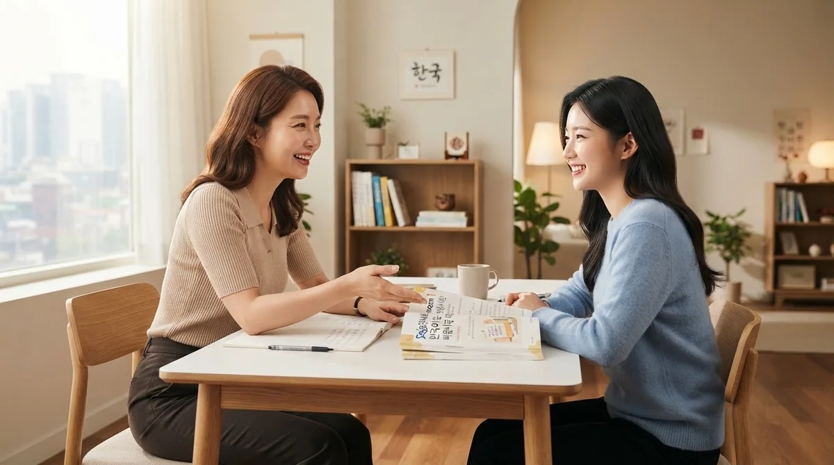 韓国語講師と笑顔でテキストをみながら楽しく受講する大人の生徒