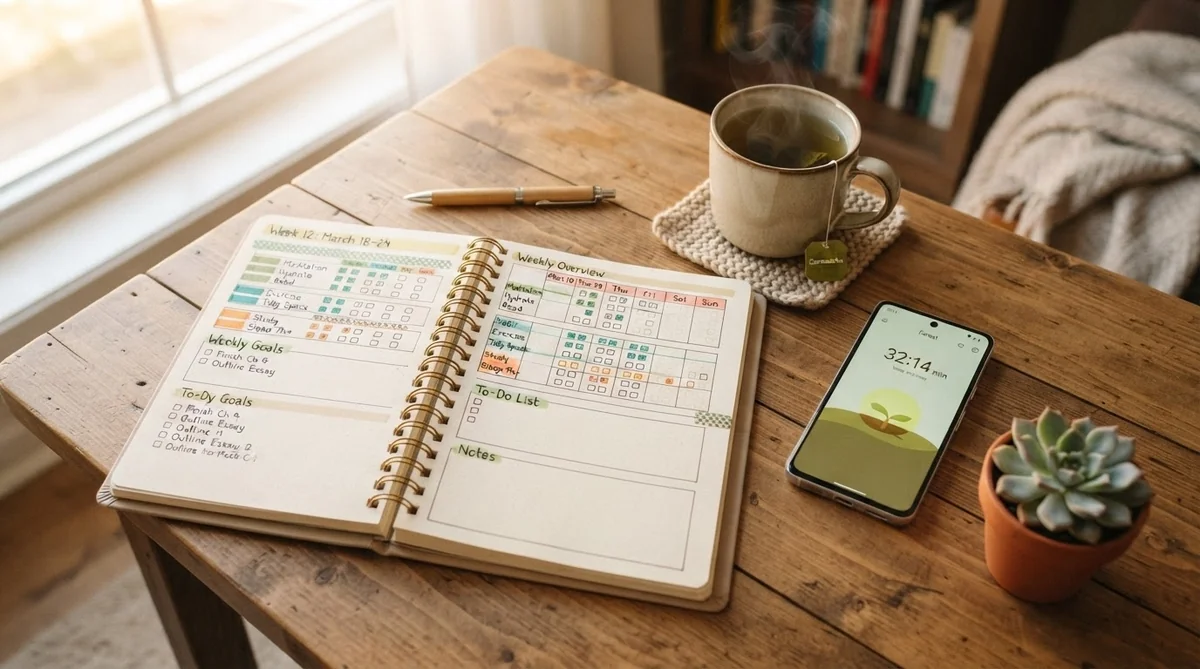 1週間の計画が書かれたノートとスマートフォン