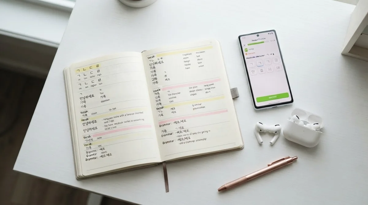 スマートフォンとノートが整然と並ぶデスク環境