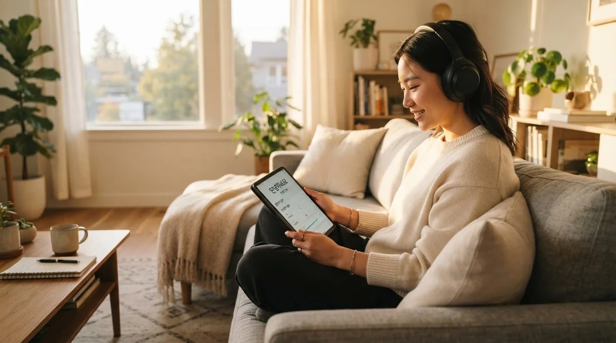 リビングのソファでリラックスしながらタブレットで復習を行う東アジア系成人の姿