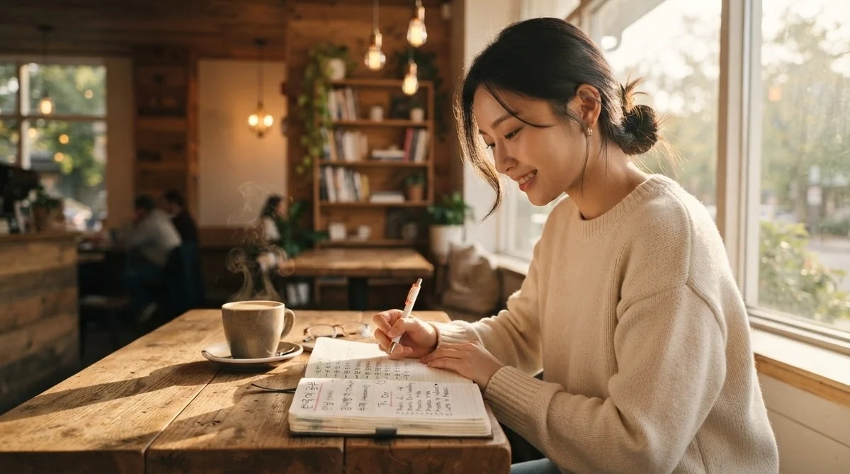 カフェで落ち着いてテキストとノートを開き韓国語の復習に取り組む様子