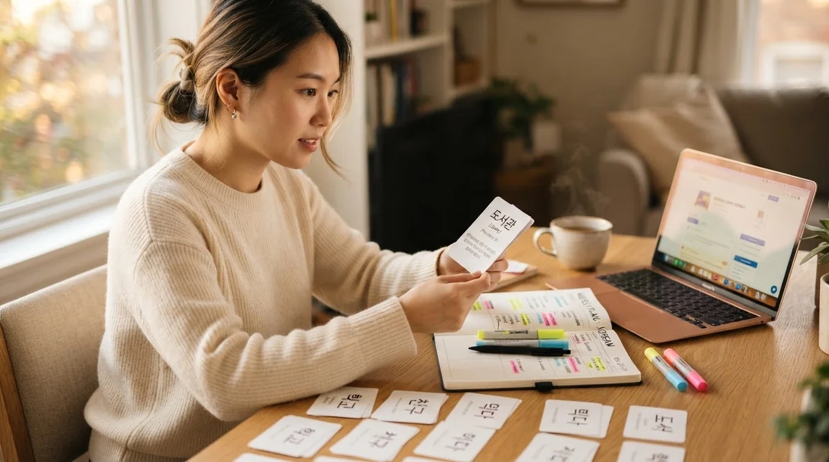 単語カードや計画表で韓国語の復習に集中する学習者の手元