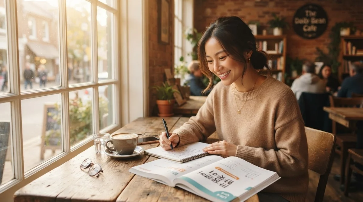 窓際のカフェでテキストを開きリラックスしながら韓国語を勉強する女性学習者