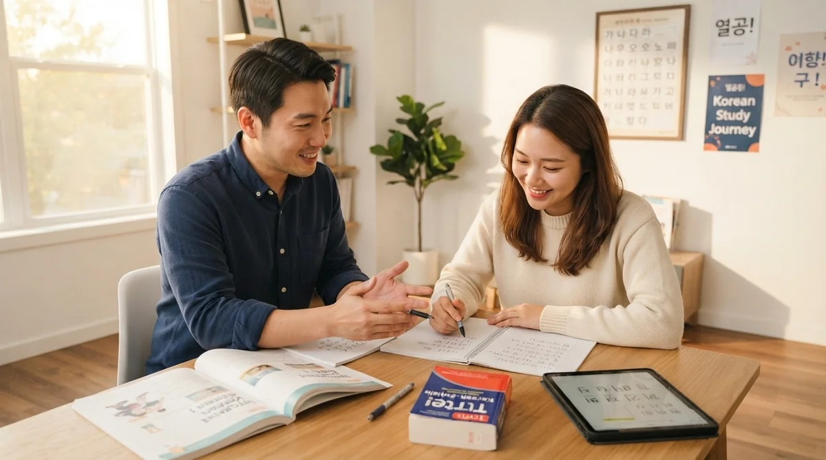 講師と受講生が対面で笑顔で韓国語の会話練習をしている様子