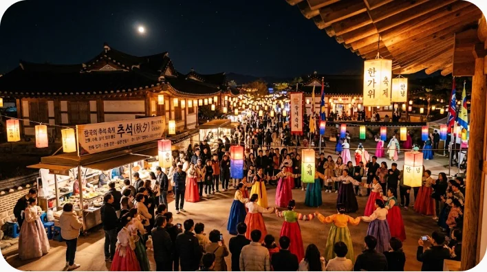韓国の伝統仮面、ソンピョン、秋の海産物、灯籠、紅葉を並べた秋祭りのイメージ