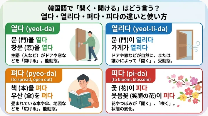 「開く」を表す4つの韓国語動詞（열다、열리다、펴다、피다）の違いを、イラストや日本語訳、各動詞の例文を交えて解説したインフォグラフィック。.